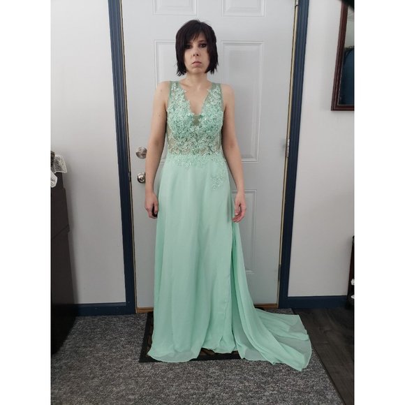 Green Prom Gown with Sheer Bodice - Picture 2 of 7